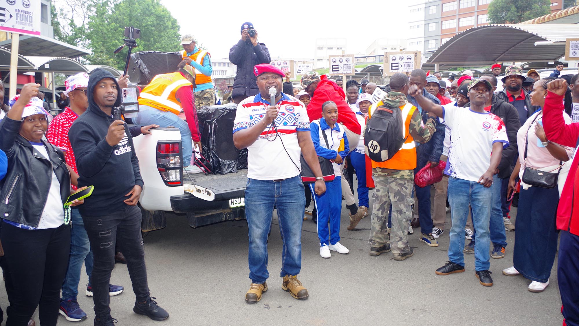 Lot Vilakati, the Secretary General of SNAT addresses teachers outside the Ministry of Education and Training building in Mbabane.